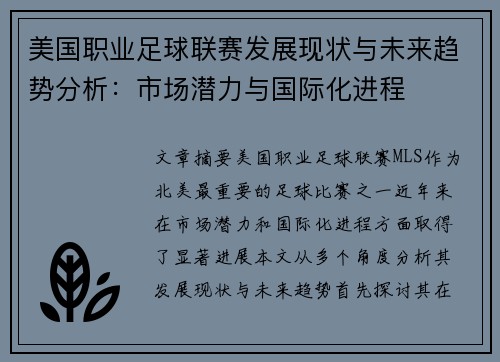 美国职业足球联赛发展现状与未来趋势分析：市场潜力与国际化进程